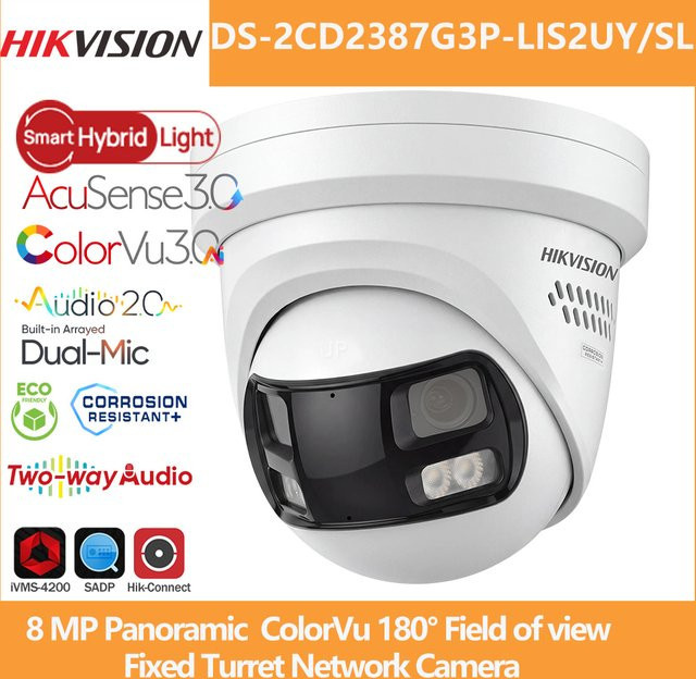 Hikvision Panorama 8MP IP-Kamera DS-2CD2387G3P-LIS2UY/SL in Weiß mit 180 Grad Sichtfeld, intelligenter Hybrid-Lichttechnologie, 2-Wege-Audio, Stroboskoplicht und Audioalarm - Bild 1
