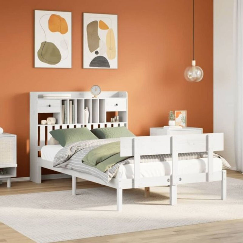 Massivholzbett Vidaxl aus Kiefer im Landhausstil mit Regal, Weiß, B/T: 135 x 190 cm - Bild 1
