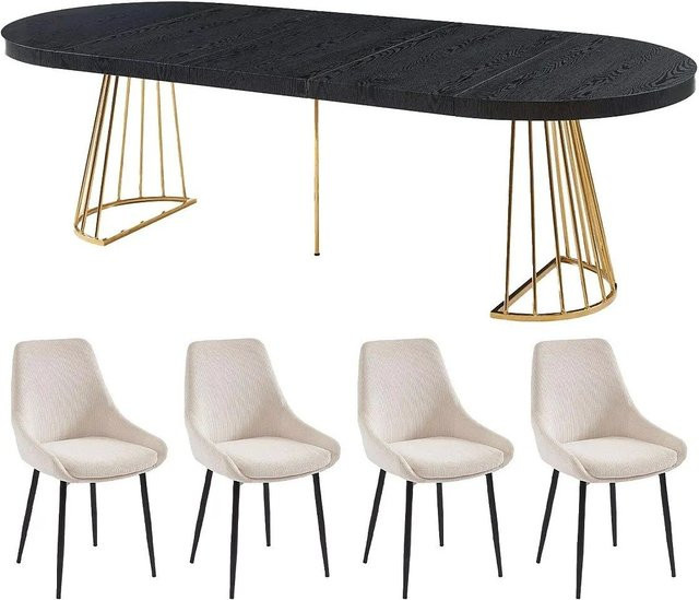 Vente-unique Essgruppe Firela in Schwarz und Gold mit MDF und Ripp-Velours, B/T/H: 260 x 110 x 76 cm - Bild 1