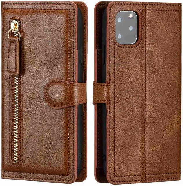 YULIN Leder Klapp-Portemonnaie Hülle mit Reißverschluss für iPhone 16 15 14 13 12 11 Pro Max Plus SE als Kartenhalter und Ständer in Braun - Bild 1