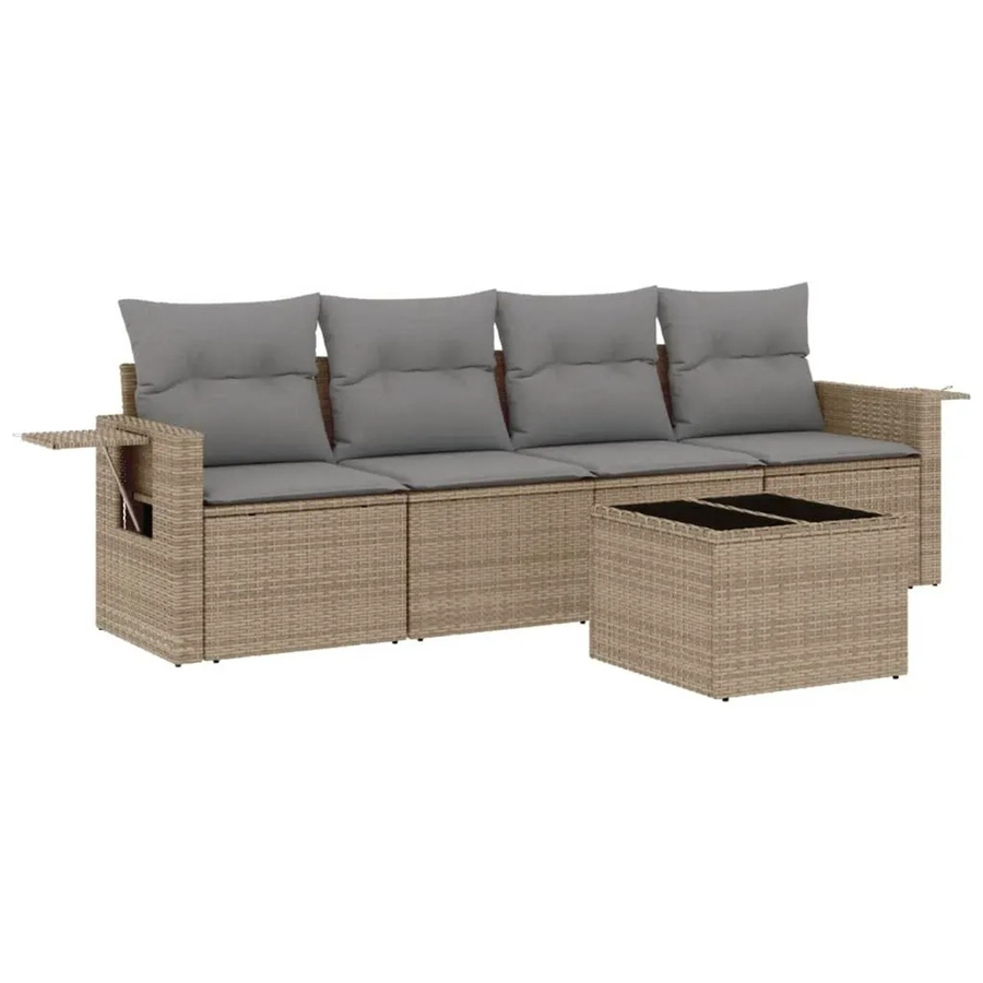 vidaXL 5-teilige Garten-Sofagarnitur aus Poly-Rattan in Beige mit Kissen und Gartentisch - Bild 2