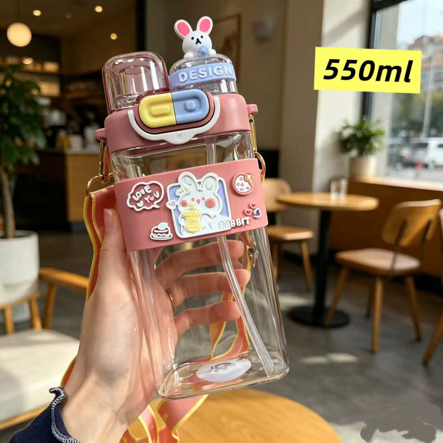 CXASP Kinder Trinkflasche mit Cartoon-Hasen Motiv und Strohhalm, quadratischer Doppel-Trinkbecher, pink, BPA-frei und auslaufsicher - Bild 2
