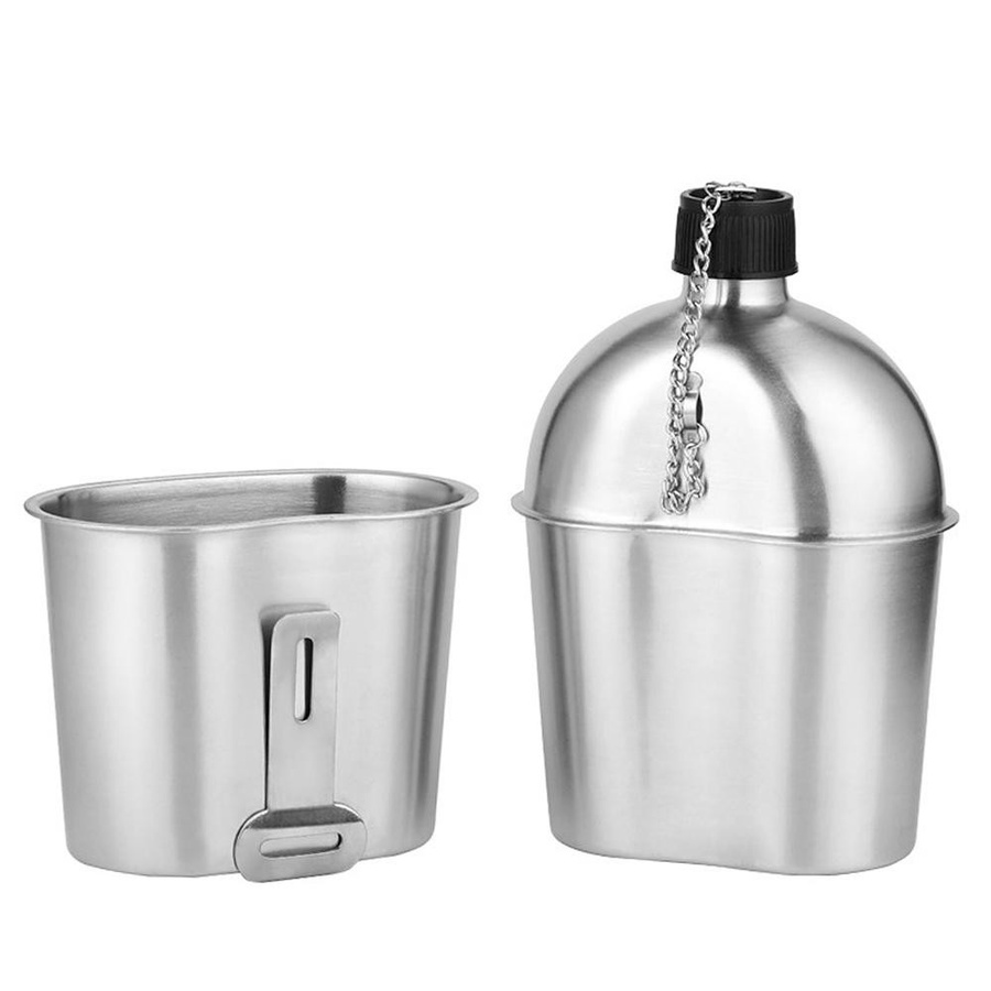 Edelstahl Militär Kantine Tassen Set mit Abdeckungstasche für Outdoor Camping und Wandern, 2 Stück, Silber und Grün, 1000 ml und 600 ml - Bild 3