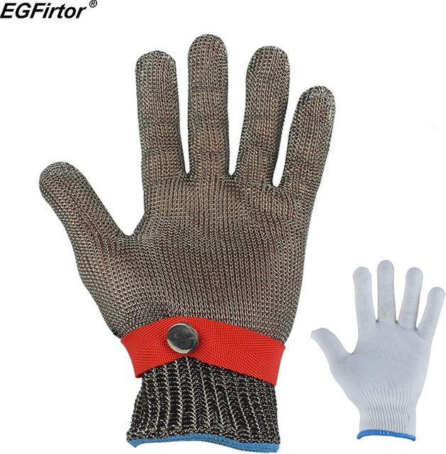 Schnittfester Edelstahl-Drahtmesh-Handschuh für Fleisch und Angeln in Silber und Rot - Bild 1