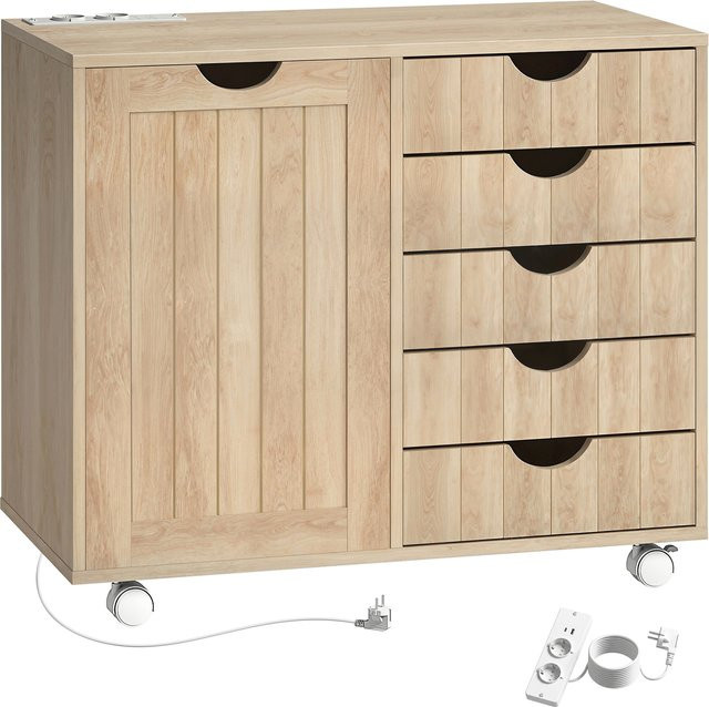 HOMCOM Drucker-Möbel mit Ladestation und Rollen in Natur, Druckerständer mit 5 Schubladen, USB-Ports und verstellbarem Regal für dein Home-Office - Bild 1