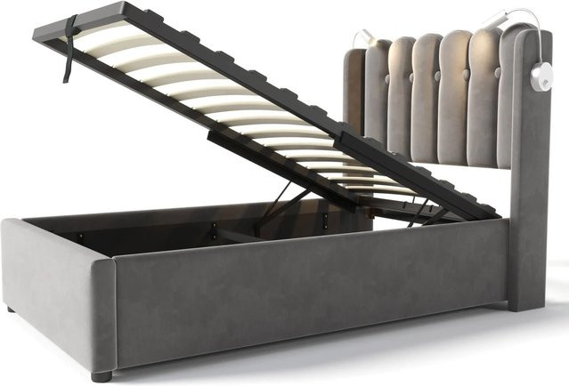 Merax Polsterbett aus Samt mit integriertem Leselicht und USB-Ladeport, Grau, B/T/H: 90 x 200 x 103 cm - Bild 1