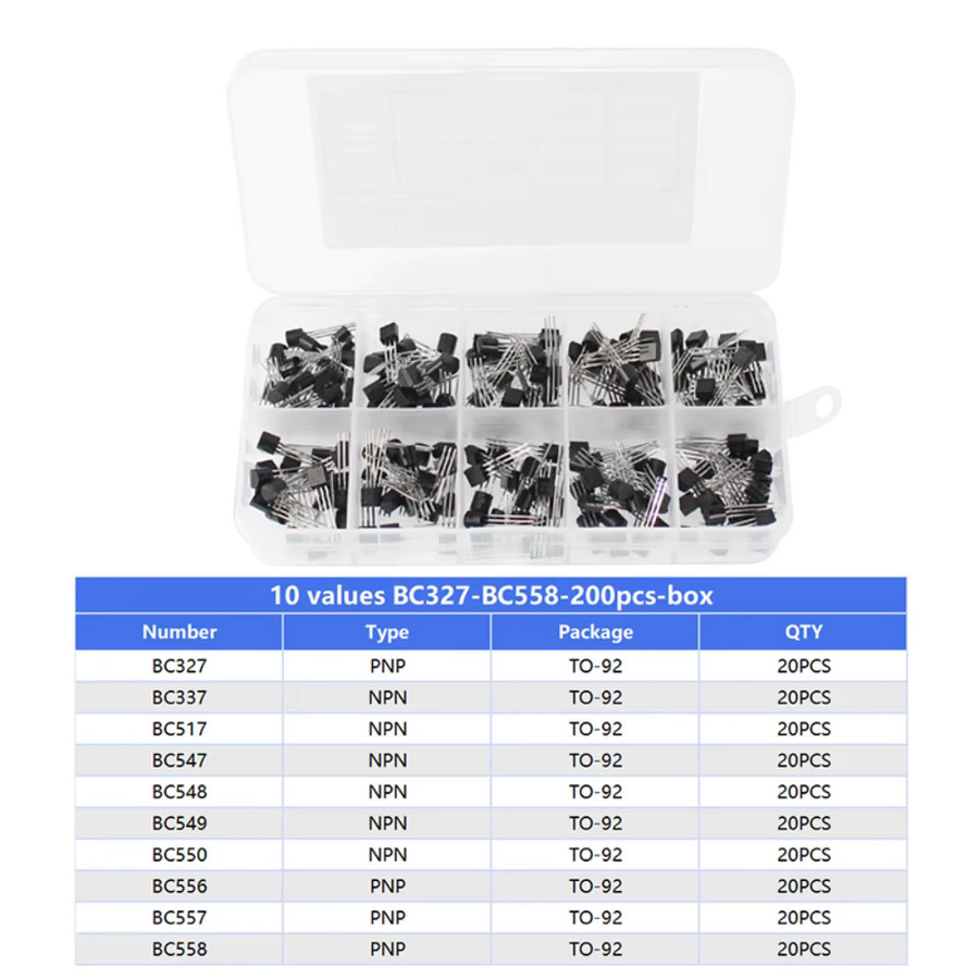 Transistor Sortiment Kit mit 200 Teilen, NPN und PNP Transistoren wie 2N2222, 2N3904, BC547 und S8050 im TO-92 Gehäuse - Bild 2