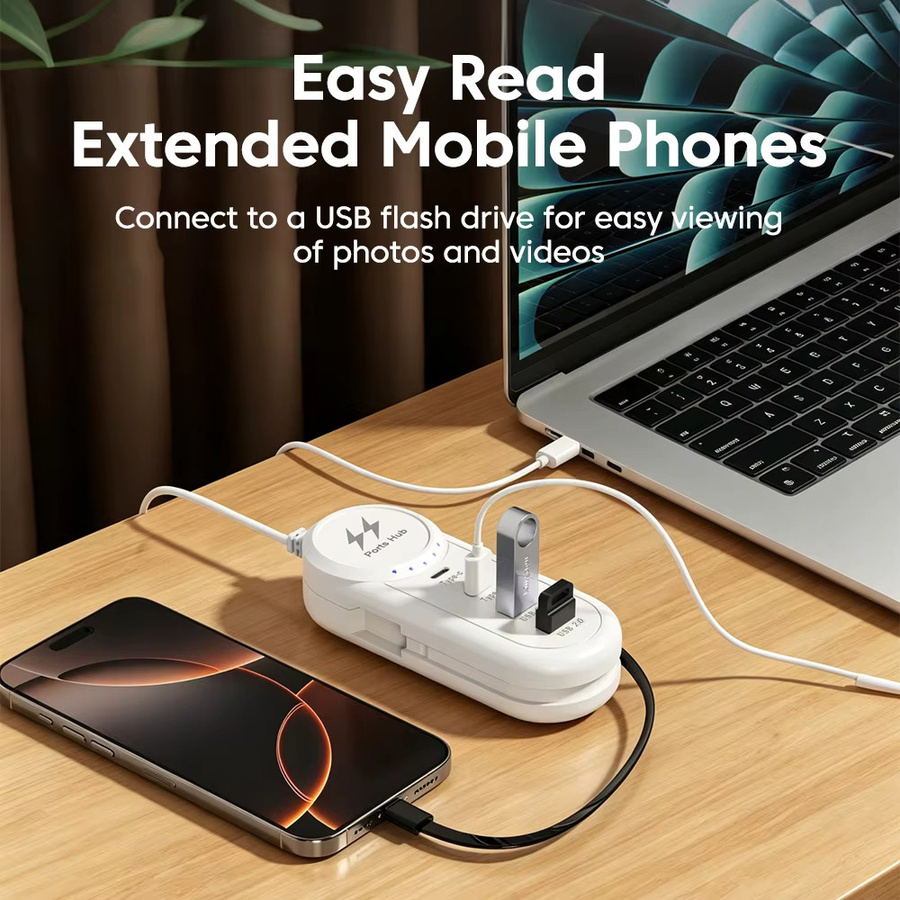 USB-C Schnellladegerät PD Typ-C Wandadapter mit Mehrfach-USB-Hub und Verlängerungskabel in Weiß - Bild 3
