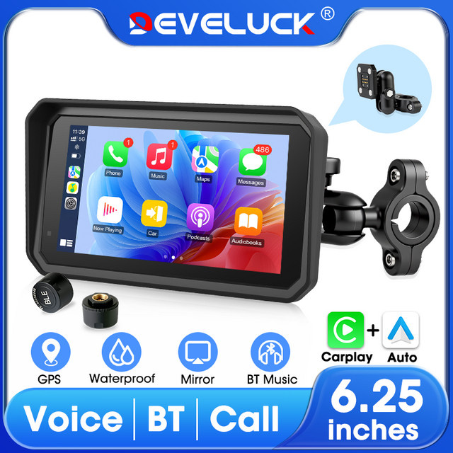 Develuck 6,25 Zoll Carplay Motorrad GPS Navigationssystem mit IPX7 Wasserdichtigkeit und optionalem TPMS in Schwarz - Bild 1