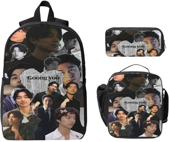 Fancy Style Studio Gong Yoo Merch Schulranzen-Set für Kinder mit Federmäppchen und Brotdose, Schwarz, 3-teilig - Bild 1
