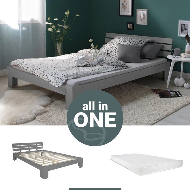 Homestyle4u Holzbett aus Kiefer mit Lattenrost und Matratze in Grau, B/T/H: 120 x 200 x 66 cm - Bild 1