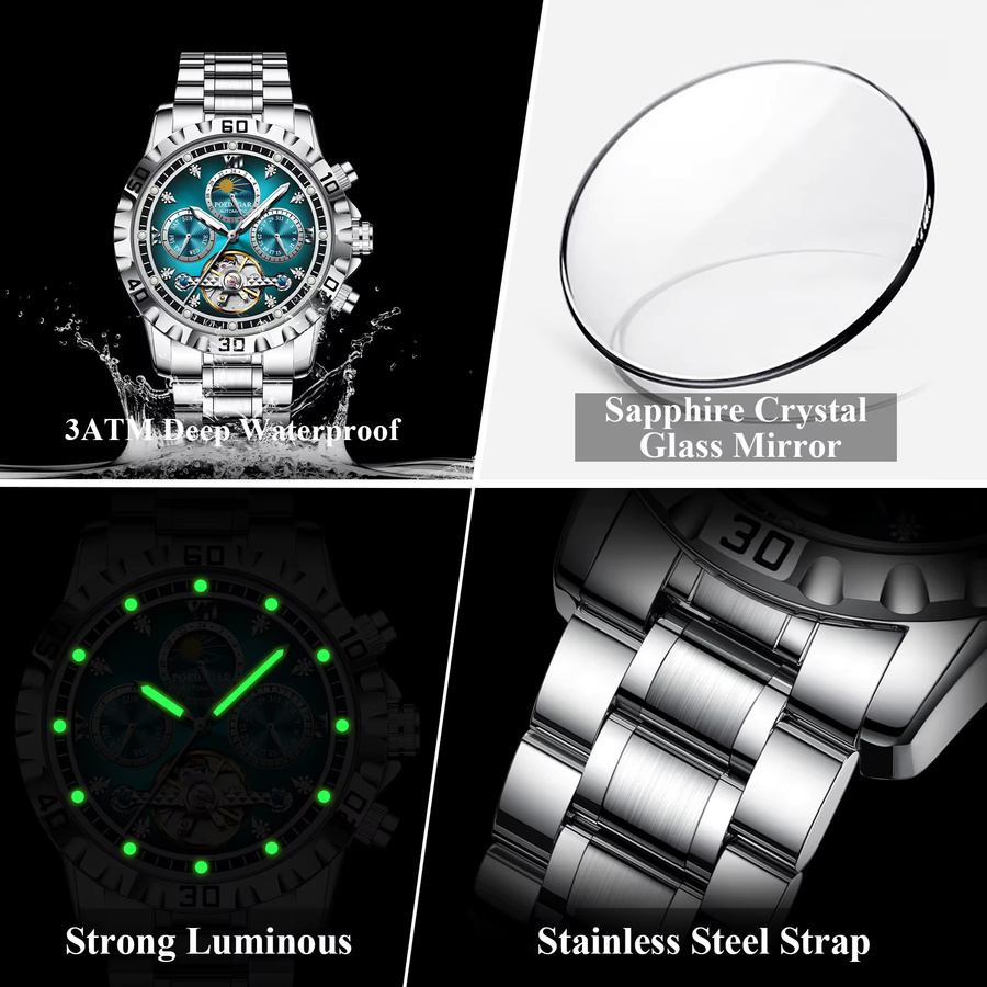 POEDAGAR Armbanduhr Automatik, Edelstahl, Blau, Herren - Bild 4