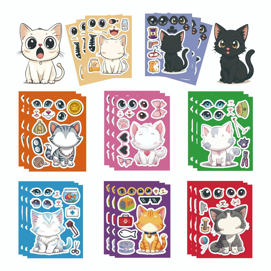 GOGOTU Katzen-Gesichter-Puzzle-Aufkleber, DIY-Spielzeug, 8/16 Blatt - Bild 2
