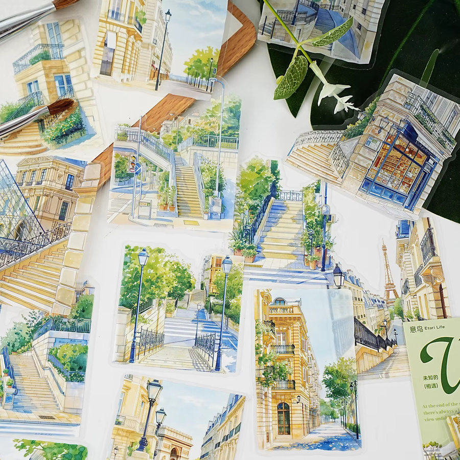 Etori Life Healing Aquarell-Aufkleber mit Pariser Straßenszenen und europäischer Retro-Architektur in Multicolour für Journaling, Laptops und Tagebücher - Bild 2