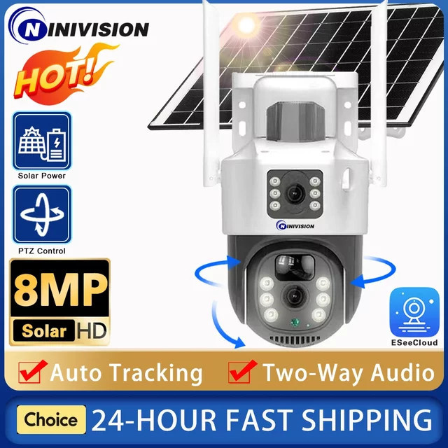 NINIVISION 4K 8MP Solar-WLAN-IP-Kamera mit Dual-Objektiv, Outdoor HD PTZ-Sicherheitskamera, 10800 mAh Akku, Weiß - Bild 1