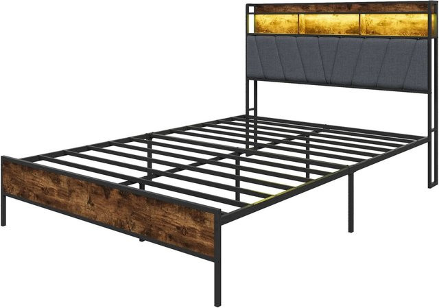 PXloue Bettgestell im Industrial Design aus Metall und Holz mit RGB LED Unterbettbeleuchtung, USB-Ladestation und Stauraum, B/T/H: 160 x 200 x 114,7 cm (Breite: 160 cm, Höhe: 114,7 cm, Tiefe: 200 cm) - Bild 1