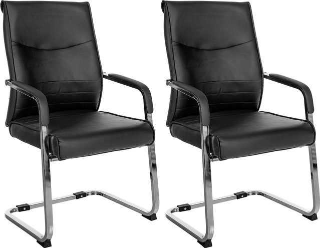 CLP Esszimmerstühle Hobart 2er Set, ergonomische Freischwinger mit Armlehnen, gepolstert mit schwarzem Kunstleder und Metallgestell - Bild 1