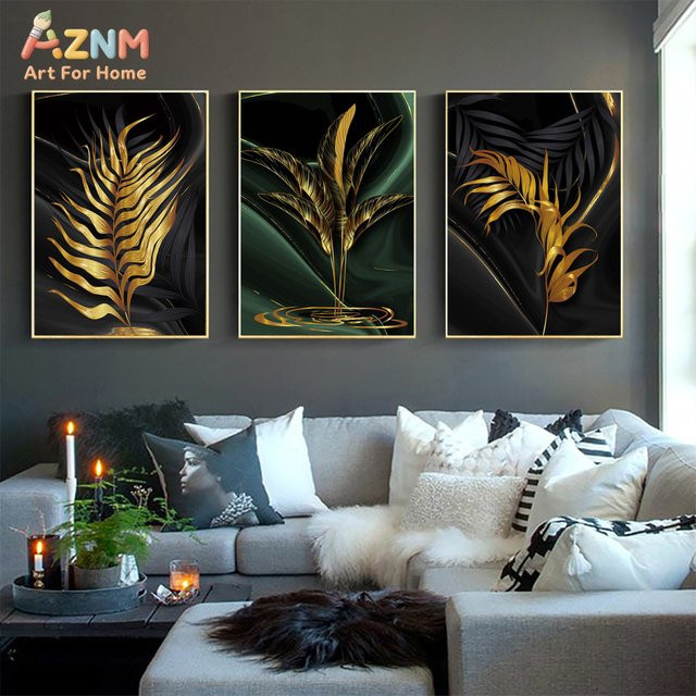 AZNM Leinwandgemälde mit Pflanzenblättern im nordischen Stil, abstrakte Wandkunst in Gold für deine Wohnzimmerdekoration - Bild 1