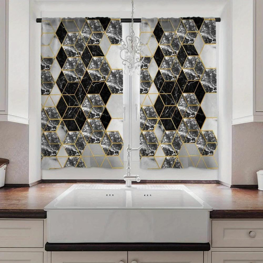 Yiran Furniture Küchenvorhang mit geometrischem Druck im Vintage-Stil, halbtransparentes Fensterdekor aus Polyester, Mehrfarbig, Breite: 100 cm, Höhe: 130 cm - Bild 3