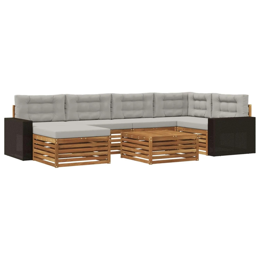 vidaXL Outdoor-Sofagarnitur L-Form aus Akazienholz mit 7 Kissen in Natur und Hellgrau - Bild 2