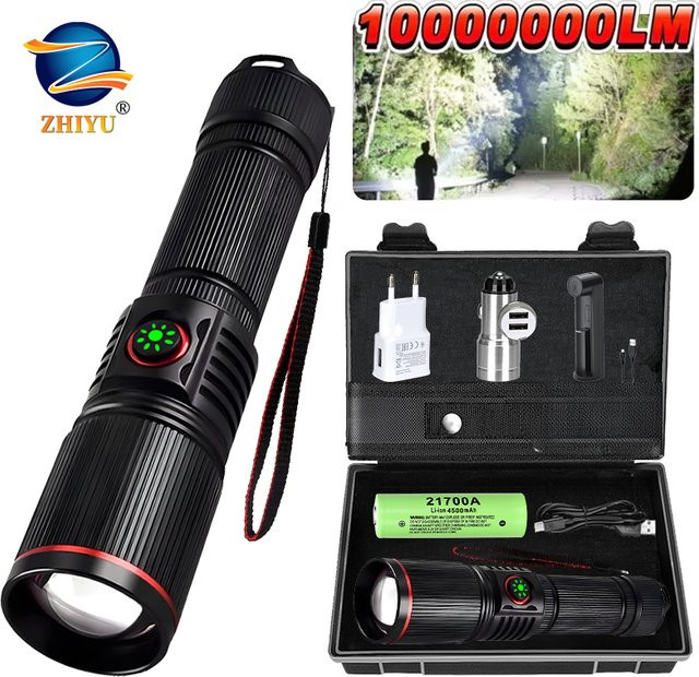 ZHIYU LED-Taschenlampe aus Aluminiumlegierung in Schwarz mit USB-Ladefunktion, Teleskop-Zoom und stufenloser Dimmbarkeit, Lichtfarbe Cool White - Bild 1