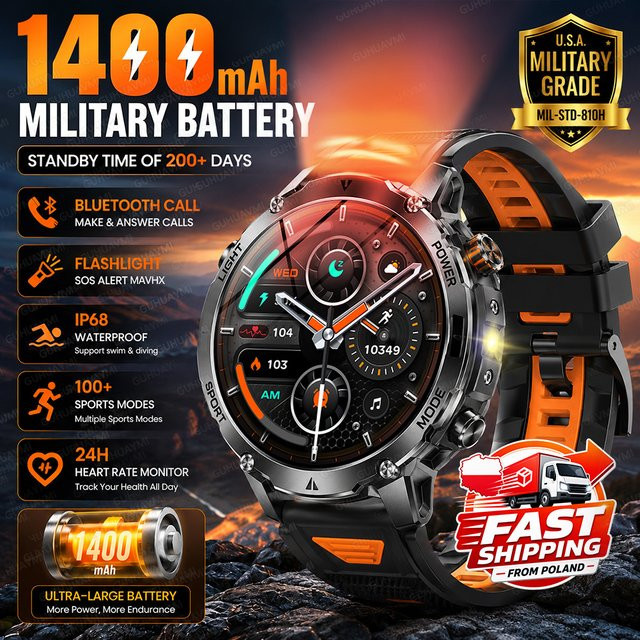 TAVYU Militär-Smartwatch für Herren in Schwarz mit 1400mAh Akku, IP68 Wasserdichtigkeit und Herzfrequenzmesser - Bild 1