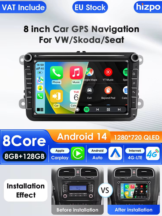 Hizpo 2Din Android 14 Autoradio mit 7 Zoll Display, Carplay und 4G AI-System für Volkswagen Golf 5 6, Polo, Passat B6 B7 CC und Skoda Jetta, Schwarz - Bild 4