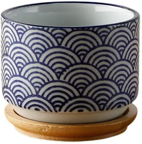 Japanischer Stil Blumentopf aus Keramik mit Bambusuntersetzer für Sukkulenten und Bonsai von Household supplies MH - Bild 1