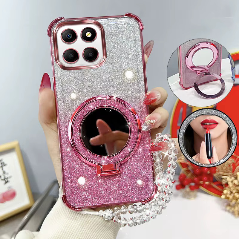 Stoßfeste Handyhülle mit Glitzer-Effekt, Spiegelständer und Perlenarmband für Huawei Honor 70 Lite, X8 5G, X6 und X6s in Schwarz oder Pink - Bild 1
