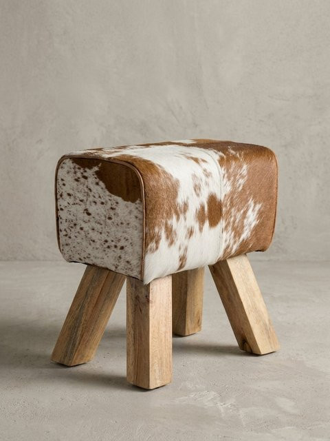 Sitzhocker KADIMA DESIGN aus Ziegenfell und Holz im Landhausstil, Braun/Weiß, B/T/H: 40 x 30 x 47 cm - Bild 1
