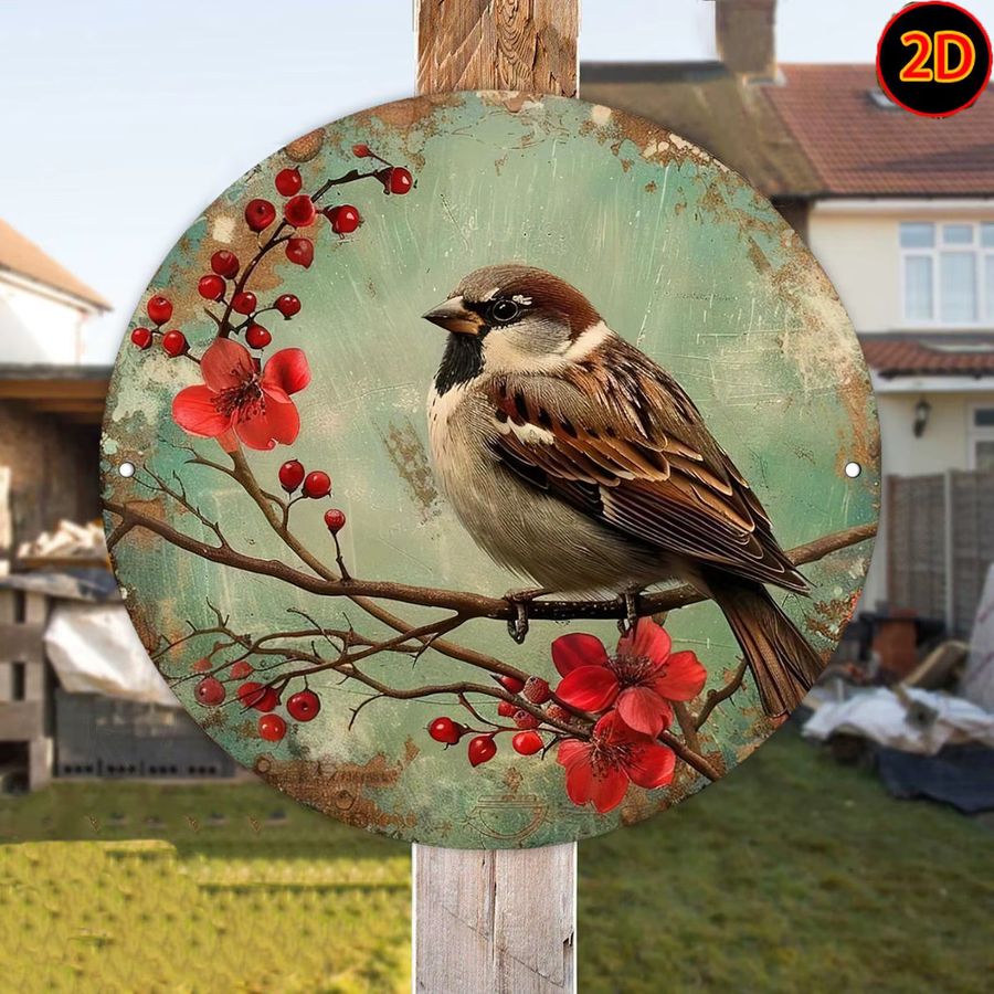 Potdemiel Vintage Sparrow Floral Metallwandkunst aus Aluminium, kreisförmig, rot und grün, Durchmesser: 20 cm - Bild 5