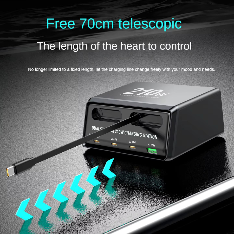 Deepartner Dualstretch 6-in-1 Ladestation mit einziehbaren Kabeln, 210W Power Hub für schnelles Laden von Handys und Geräten, Schwarz - Bild 4