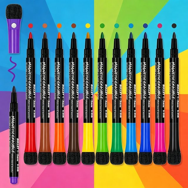 12 Farben Magnetische Whiteboard-Marker Set mit Radierer für Kinder und Schüler, Mehrfarbige Whiteboard-Stifte mit Bullet-Spitze - Bild 1