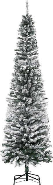 HOMCOM Künstlicher Weihnachtsbaum in schlanker Bleistift-Form, 225 cm, Grün/Weiß, Beflockter Kiefernbaum mit 738 Spitzen und Metallständer - Bild 1