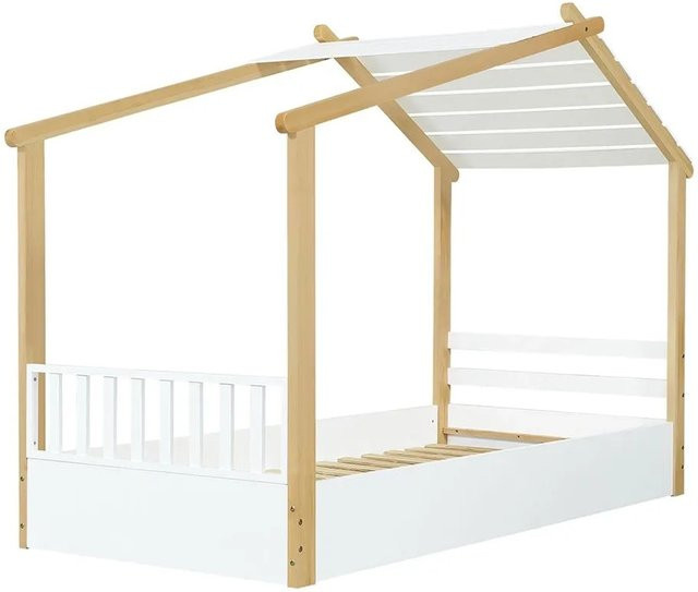 KOMHTOM Kinderbett im Holzhausdesign aus Kiefernholz, Einzelbett, Weiß und Natur, B/T/H: 90 x 200 x 155,5 cm - Bild 1