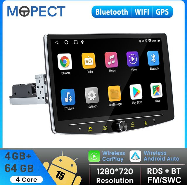 MOPECT Android 15 Autoradio mit 10,1 Zoll drehbarem Touchscreen, 4+64GB, Single-DIN, Carplay, GPS, Bluetooth, DAB & Kamera, Schwarz - Bild 1