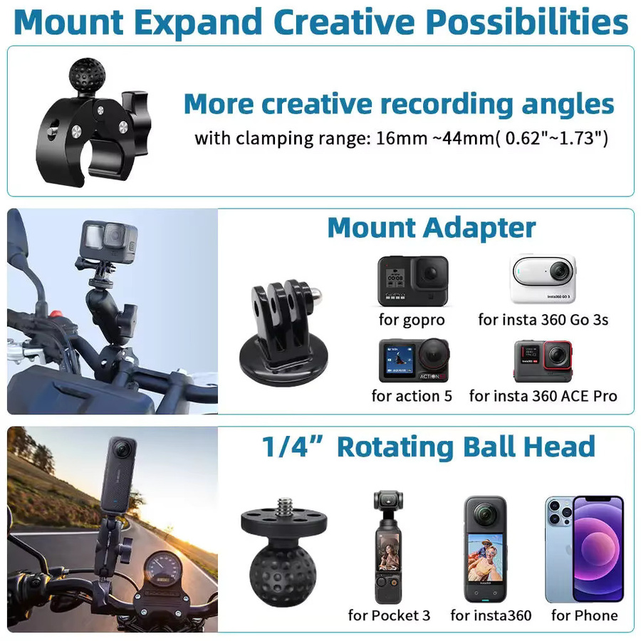 Erchang Motorrad-Montagesatz mit Doppelklemm-Lenker-Selfie-Stick für Insta360 X5 X4 X3 X2 RS und DJI GoPro, Schwarz - Bild 6