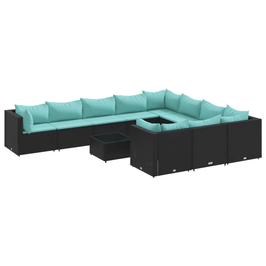 vidaXL 11-teilige Garten-Sofagarnitur in U-Form aus Poly-Rattan und pulverbeschichtetem Stahl mit Kissen in Schwarz-Blau - Bild 2