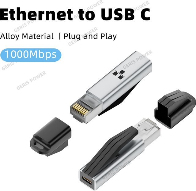 Geris Power USB-C zu Ethernet Adapter 1000Mbps Gigabit RJ45 Netzwerk Konverter in Silber - Bild 1