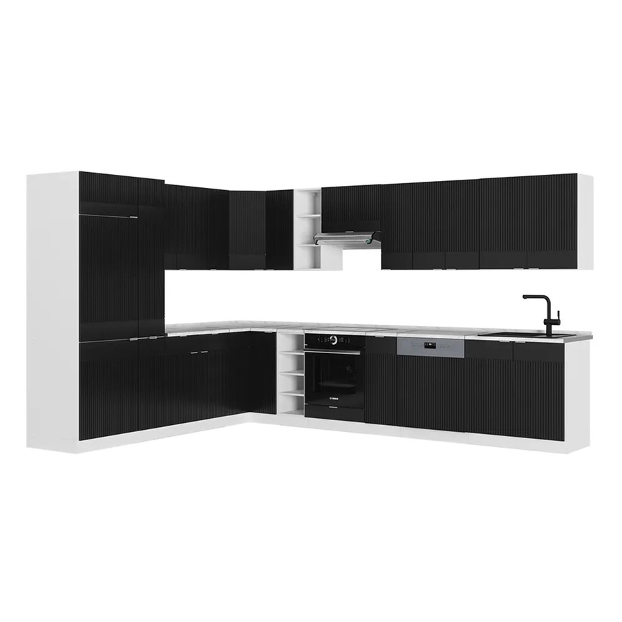 Vicco Fame-Line Eckküche Schwarz gestreift und Weiß mit Marmor-Optik, B/T/H: 347 x 257 x 82 cm - Bild 2