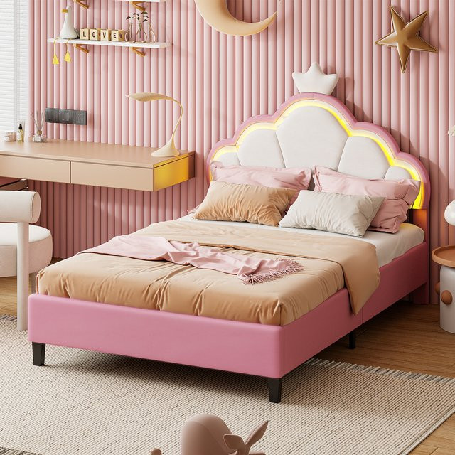 Superaly Polsterbett Einzelbett mit Kronen-Kopfteil aus Samtstoff in Rosa, B/T: 90 x 200 cm - Bild 1