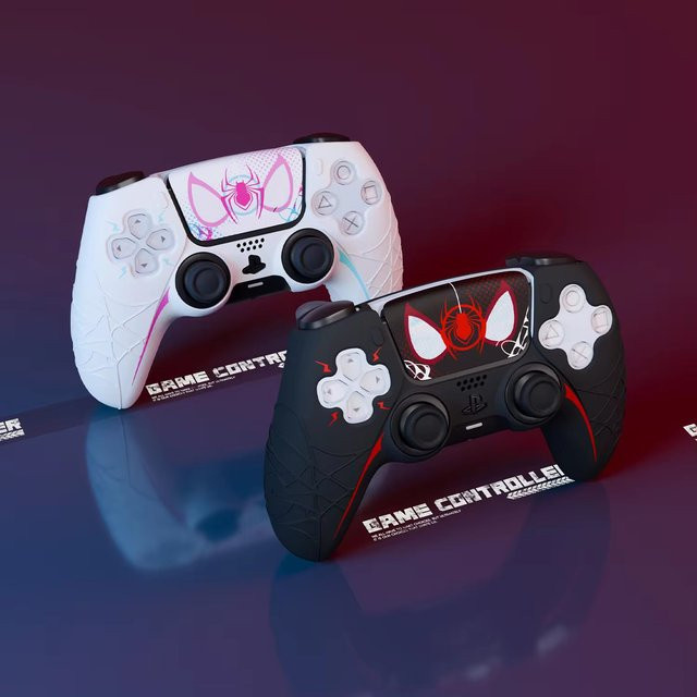 Spinnennetz Silikon Schutzhülle und Thumb-Stick Grip Caps für Sony Dualsense 5 PS5 Controller in Weiß und Multicolour - Bild 1