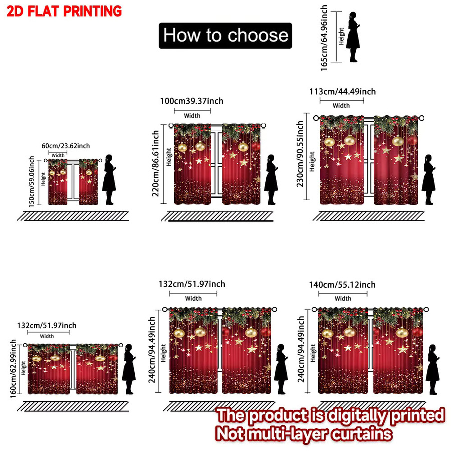 Set aus 2 Weihnachtsvorhängen mit goldenen Sternen, digital bedruckte Polyester-Vorhänge in Rot und Gold, halbtransparent mit Ösen - Bild 3