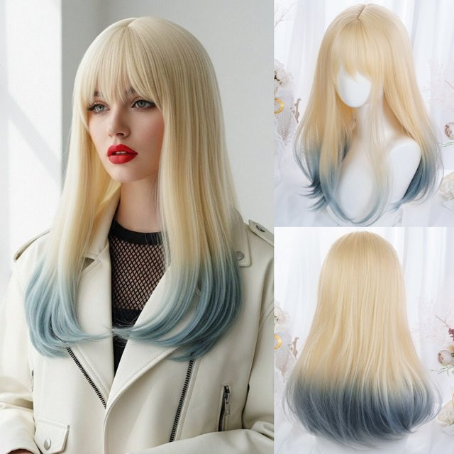 VICWIG Perücke, Blau Ombre Blonde, Kurz Gerade mit Pony, Damen - Bild 1