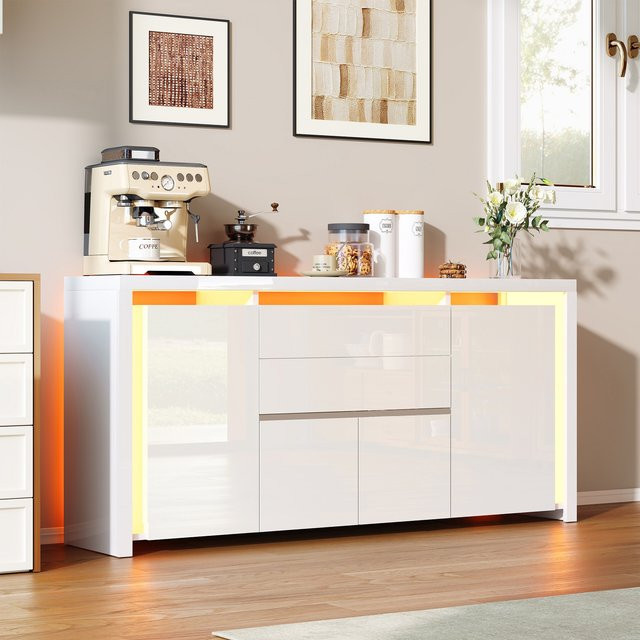 Rosahqnda Sideboard Hochglanzweiß mit integrierter LED, modernes Buffet und Kommode für die Küche - Bild 1