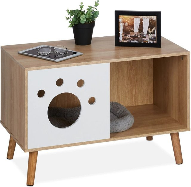 Relaxdays Katzenschrank aus MDF und Kiefernholz in Weiß und Natur, halboffen, B/T/H: 50 x 40 x 75 cm - Bild 1