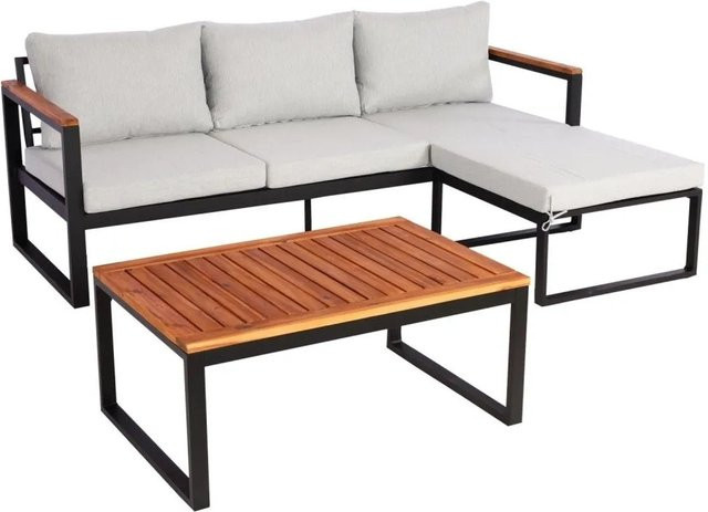 MCW Garten-Garnitur L26b Lounge-Set aus Aluminium und Akazie Holz in Hellgrau mit Polstern und Ottomane - Bild 2