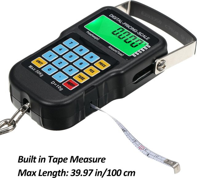 Digitale Angelwaage Painter Elektronische Hakenwaage mit hintergrundbeleuchtetem LCD und Maßband, Schwarz, Tragbare Fischwaage bis 50kg - Bild 1