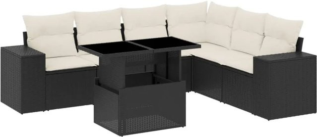 vidaXL 7-teilige Garten-Sofagarnitur in L-Form aus Poly-Rattan mit Kissen in Schwarz-Creme - Bild 1