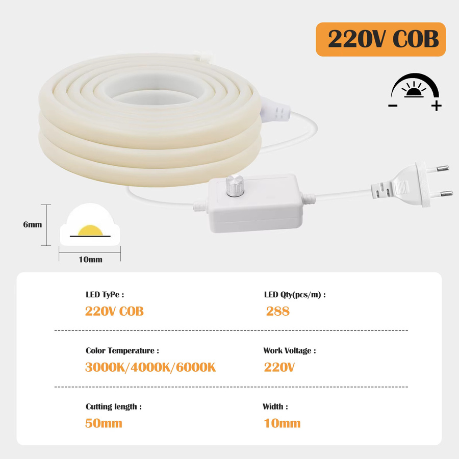 KISUFU COB LED Neon Streifen Licht Warmweiß, dimmbar, IP67 Outdoor LED Band mit EU Stecker und Dimmer, B/H: 10 x 6 mm - Bild 6